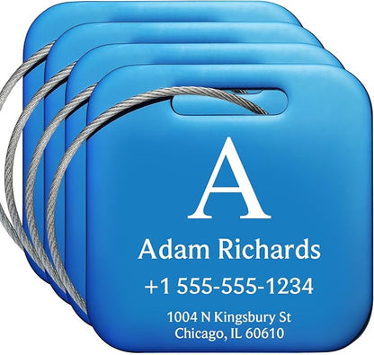 Stainless Luggage Tags for Suitcases 4 Pack: Metal Personalized Luggage Tags for Backpacks & Bags with Customizable Texts (Blue)
