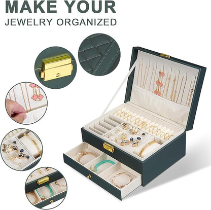 GUOER Jewelry Box for Women Girl Wife - Large PU Leather Jewelry Organizer Storage Case with Two Layers Display for Earrings Bracelets Rings Watches (Hunter Green)