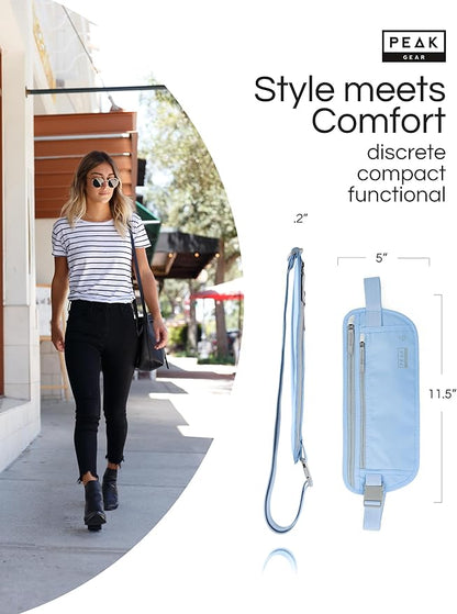 Peak Gear Travel Money Belt. Premium Quality Travel Wallet with RFID Blocking Fabric to Protect Credit Cards, Passports and Documents. Exclusive Theft Protection and 2 Recovery Tags | Blue