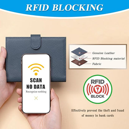 Passport Holder for Travel Women RFID Blocking Genuine Leather Passport Wallet with Card Slots, Zipper Coins Pocket, Cash Holder, Navy Blue