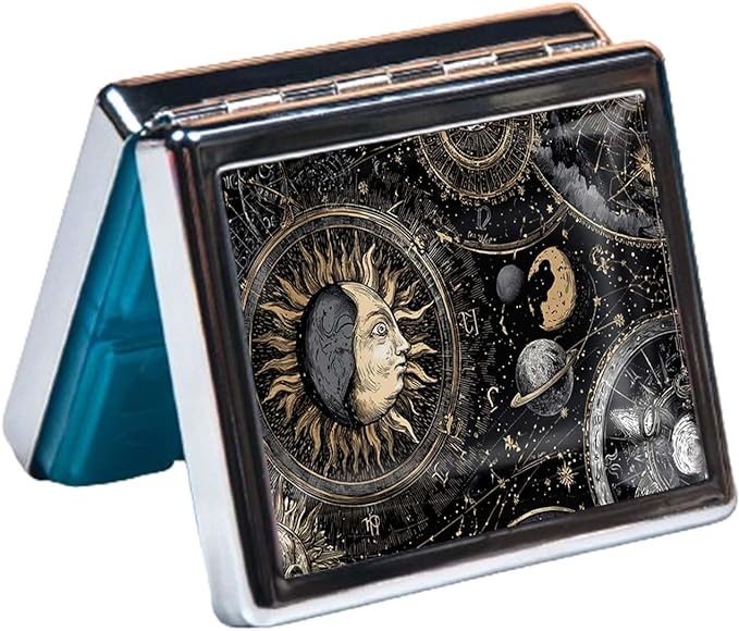 7 Days Chromed Shiny Silver Pill Organizer with Mirror Inside Has 8 Separate Compartments Rectangle,Versatile Storage for Medication - Ideal Travel Accessory (Retro Sun and Moon)