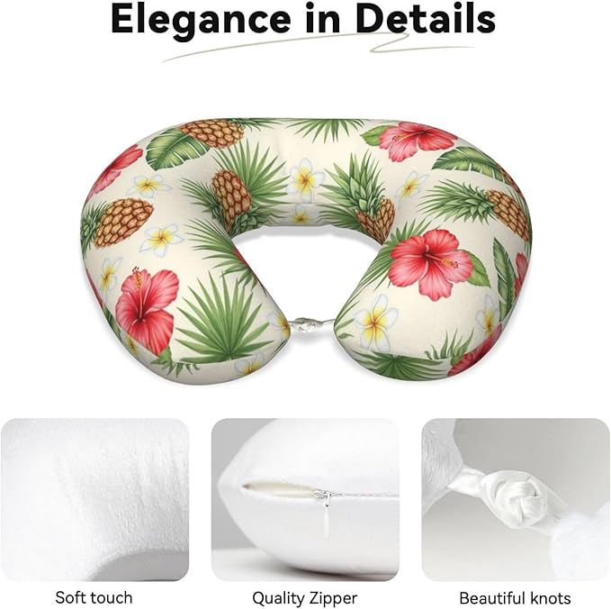 Neck Support Pillow, Comfortable Memory Foam Car/Flight/Airplane Chin Pillows U Shaped Cushion for Office Travel Sleeping Vintage Tropical Flowers Pineapple Floral