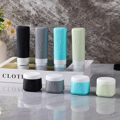 INSFIT 8 Pack Silicone Travel Bottles & Cream Jars with Toiletry Bag, 3oz Leakproof Containers & 2oz Jars with Waterproof Labels, BPA-Free Squeezable Toiletries Set for Shampoo, Lotion, Cosmetics