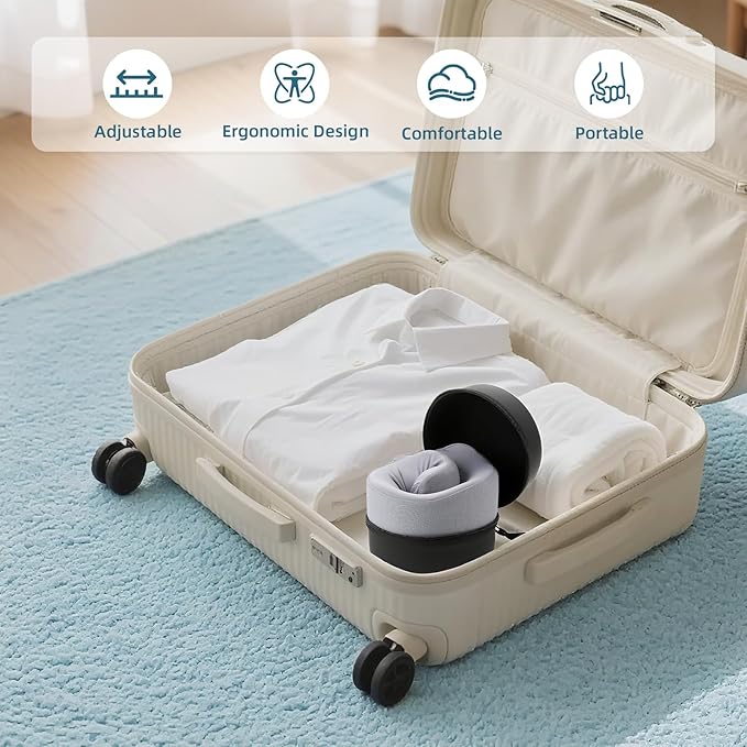 GOLDORANGE Travel Pillow Upgraded Airplane Neck Pillows Chin Support Adjustable Memory Foam Travel Essentials for Car Home Office Headrest Sleep with with Eye Masks Earplugs and Luxury Bag, Gray-Blue