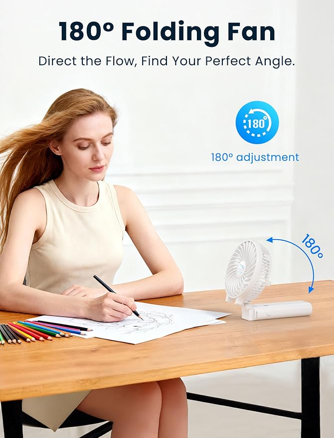 HandFan 5200mAh Personal Fan Handheld,180° Foldable Hand Held, Battery Operated Rechargeable Fan, Portable Charger Design, 3 Speeds,20H Runtime for Travel/Wedding/Camping/Outdoors/Indoors (White)