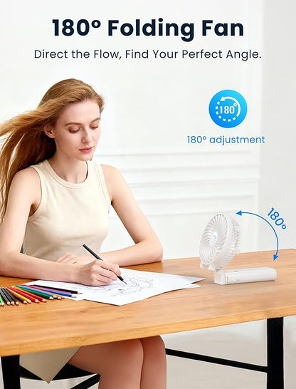 HandFan 5200mAh Personal Fan Handheld,180° Foldable Hand Held, Battery Operated Rechargeable Fan, Portable Charger Design, 3 Speeds,20H Runtime for Travel/Wedding/Camping/Outdoors/Indoors (White)