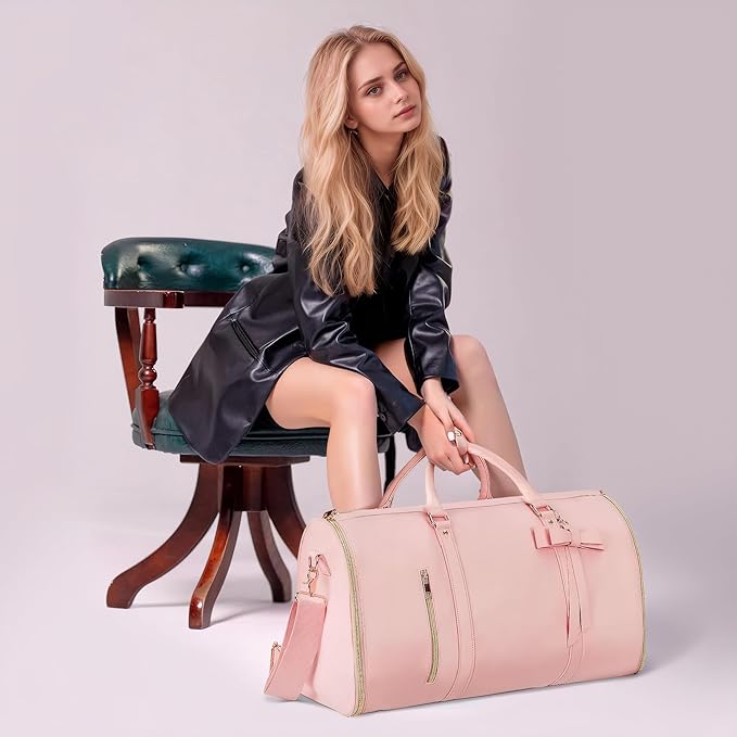 Garment Bags for Travel, Convertible Suit Travel Bag for Women, Stylish Carry On Garment Bag with Toiletry Pocket, Shoulder Strap and Shoes Compartment, 2 in 1 Foldable PU Leather Duffle Bag, Pink