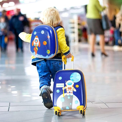 KOTEK Kids Carry On Luggage Set, 16" Hardside Rolling Suitcase with Spinner Wheels, Travel Rolling Luggage for Boys Girls (Spaceman)