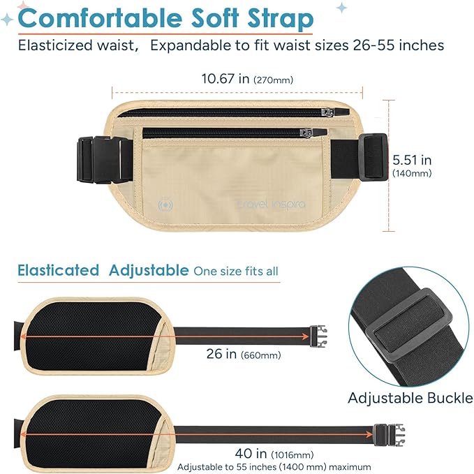 travel inspira Travel Money Belt with Slim Anti-Theft RFID Blocking Passport Holder for Travel Concealed under Clothes for Ultimate Protection of Credit Cards, Cash, Passport & Documents, Beige