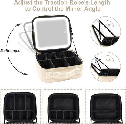 Portable Travel Makeup Bag with Lighted Mirror, 3 Color Brightness, Beige