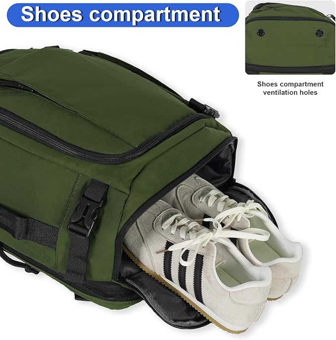 Carry On Travel Backpack with Shoe Compartment Flight Approved Laptop Backpack Expandable Work Business Backpack for Women Men Casual Daypack, Dark Green