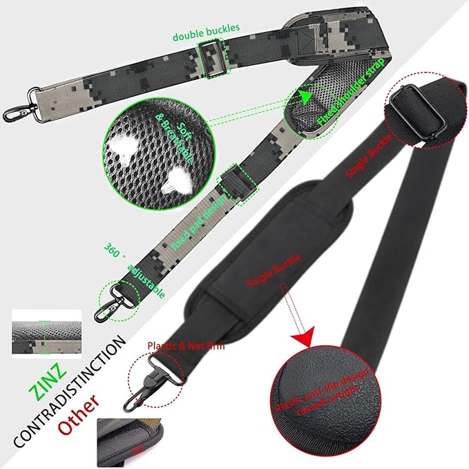 ZINZ Shoulder Strap Universal Bag Strap - 78" Ultra-Thick Padded with Dual Balanced Adjustable Buckles for Briefcase, Travel, Sports, Laptop, Crossbody Bag，Camouflage Gray
