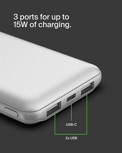 Belkin Portable Charger, USB-C Power Bank 10000 mAh w/ 1xUSB-C Port & 2xUSB-A Ports, 15W w/Type-C to Type-A Cable for iPhone 17, Samsung Galaxy S25, Nintendo Switch 2, Google Pixel 10, etc. - Silver