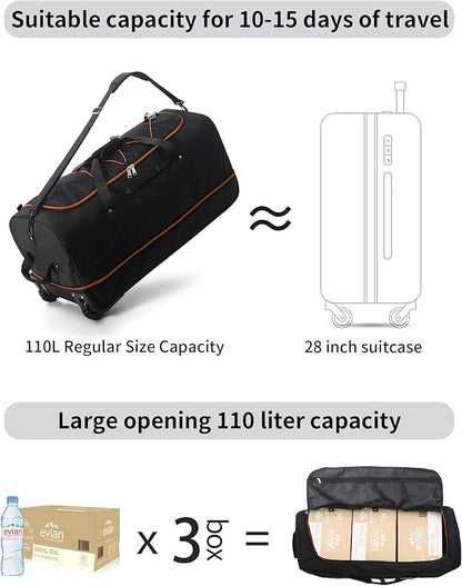 32" Soft-Sided Foldable Wheeled Travel Duffel Bag,Expandable 110L to 140L Rolling Cargo Bag with 2 Wheels and Multiple Pockets (001-Black Orange)