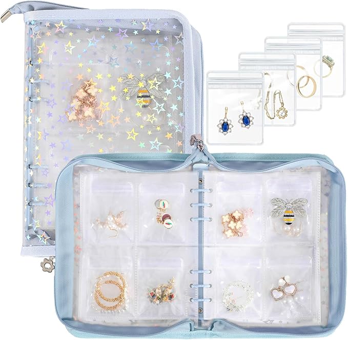 Jewelry Organizer Case Travel Clear Earring Organizer Case Transparent Jewelry Storage Book (Light blue, With 80 Pcs small Jewelry Pouches)