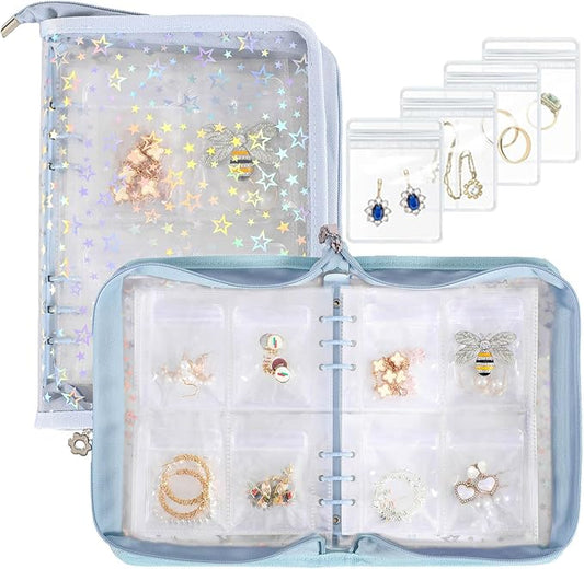 Jewelry Organizer Case Travel Clear Earring Organizer Case Transparent Jewelry Storage Book (Light blue, With 80 Pcs small Jewelry Pouches)