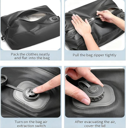 Vacuum Bags for Travel Organiser Packing Bag for Carry-On Luggage Backpack Suitcase Reusable Vacuum Seal Save Space Compression Bag with Built-in Pump & USB-C Charging waterproof Storage Bags(Black)