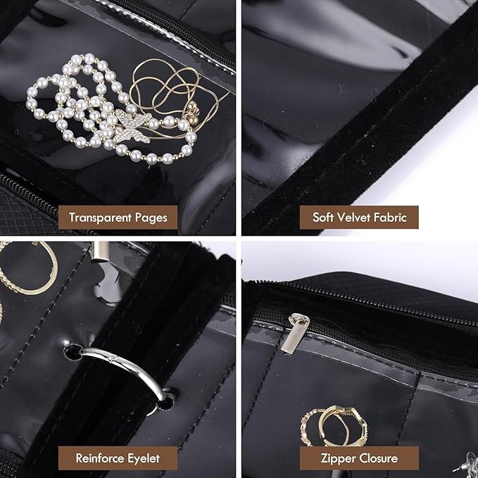 GSXRB Waterproof Anti-Tarnish Jewelry Organizer for Travel - Large Capacity Foldable Jewelry Box with 36 Compartments, Portable Earring Necklace Ring Organizer (Black)