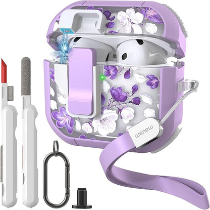 WENEW Case for AirPods 4th Case Cover Secure Lock Automatic Snap Switch Clip Cleaner Kit Lanyard Women Stylish Flower Armour Hard Shell Full Body Front LED Visible (Purple Flower, AirPods 4th)