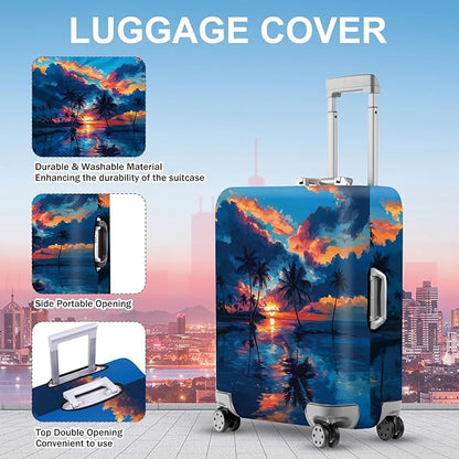 ANNA QUEEN Tropical Sunset Luggage Cover, Vibrant Beach & Palm Tree Design, Stretchable Washable Suitcase Protector for 28–30 Inch Travel Luggage
