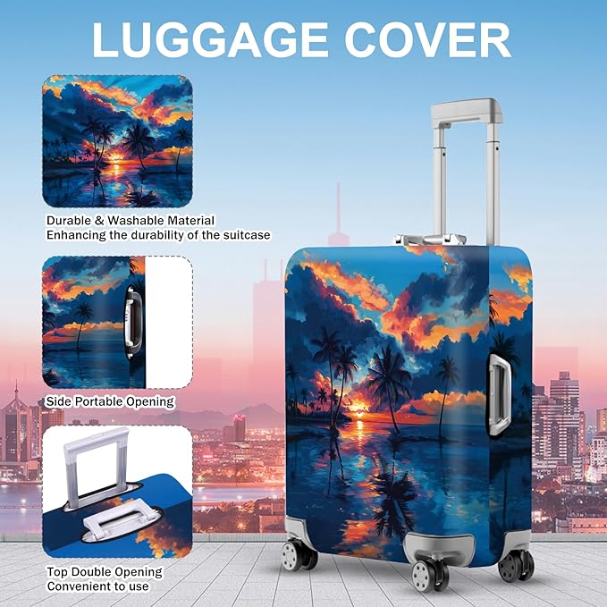 ANNA QUEEN Tropical Sunset Luggage Cover, Vibrant Beach & Palm Tree Design, Stretchable Washable Suitcase Protector for 24–26 Inch Travel Luggage