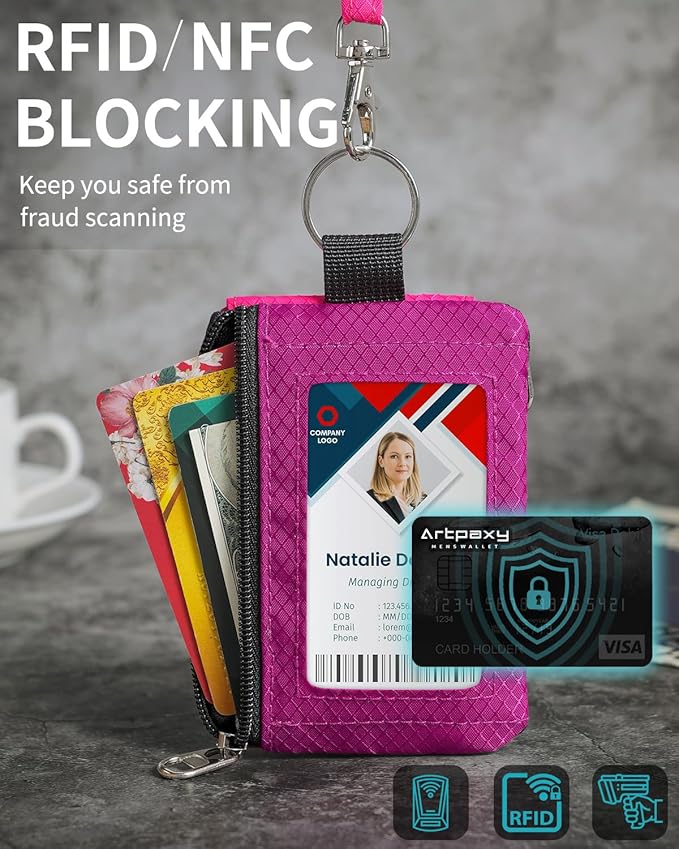 Minimalist Wallet For Mens Womens, Keychain RFID Blocking Zipper Small Wallet with ID Window 2 Lanyards,Water Resistant Travel Cash Card Coin Case Boys Girls