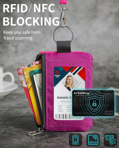 Minimalist Wallet For Mens Womens, Keychain RFID Blocking Zipper Small Wallet with ID Window 2 Lanyards,Water Resistant Travel Cash Card Coin Case Boys Girls