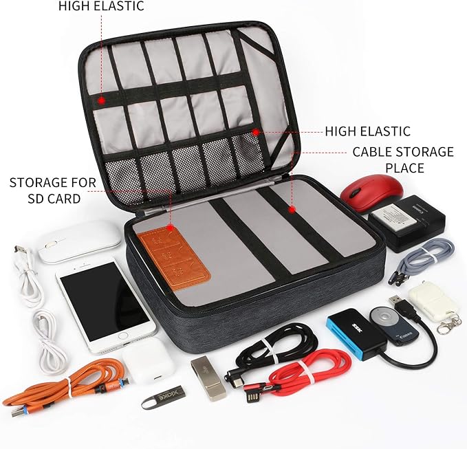 HOLIMET Cable Organiser Bag,Electronic Accessories Bag Double Layer for Travel Waterproof Cord Storage Organizer Bag for iPad, Kindle, Hard Drives, Cables, Chargers,Power Bank and More(Black)