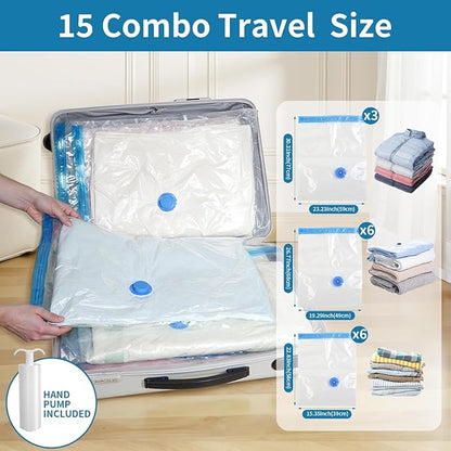 Vacuum Seal Bags for Clothing Travel with pump,15 Pack Compression Packing Cubes for clothes,Space Saver for Luggage & Travel Essentials,Carry-on Suitcase,Leak-Proof