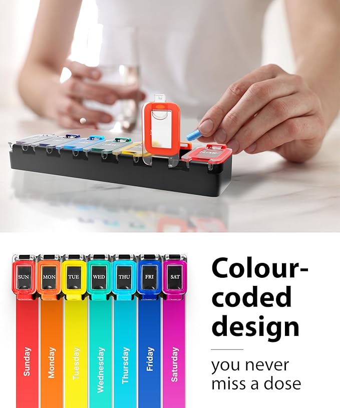 Weekly Pill Organizer 1 time a Day – Pill Box 7 Day with Enhanced Waterproof Seal, Large compartments Hold Big Vitamins & Supplements, Upgraded Locking lids, for Home & Travel use, Durable Hard case