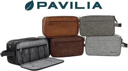 PAVILIA Toiletry Bag for Men, Travel Essentials Shaving Dopp Kit, Mens Travel Bag Toiletries Organizer Case for Grooming, PU Leather Water Resistant Cosmetic Bag Pouch (XL, Dark Grey)