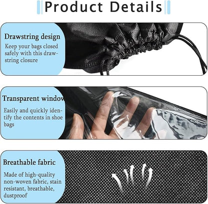 6 Pack Dust Bags for Purses and Handbags, Large Non-Woven Dustproof Drawstring Bags, Travel Shoe Bags, Purse Dust Bags for Storage with Transparent Slot - 19.6in X 23.6in, Black