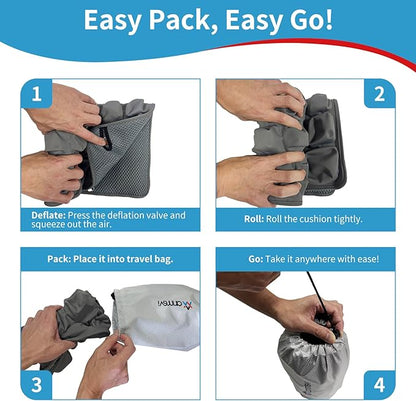 Inflatable Travel Seat Cushion with Built-in Pump & Carry Bag (Grey Cushion with Silver Storage Bag)