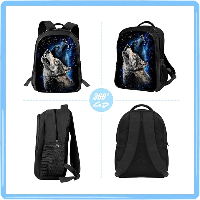 Wolf Backpack Wild 17 Inches Bookbag 3PCS Set with Lunch Box Pencil Case Daypack for Kids Boys