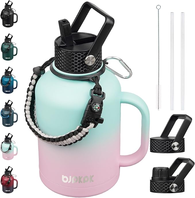 BJPKPK Large Insulated Water Bottles with Straw Lid & Handle, 50oz, 64oz, 87oz, 128oz Water Bottle with 3 Lids and Paracord Strap, Stainless Steel Metal Water Bottle, Insulated Water Jug, Marshmallow