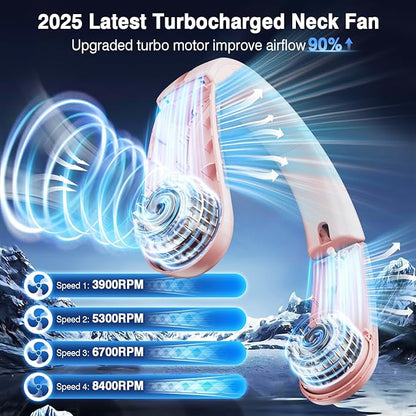 ChillGo Portable Neck Fan - 8400 RPM Enlarged Turbo Airflow - 5200mAh Personal Rechargeable Cooling Wearable Fan - Max 16H, 4 Speeds, Foldable, LED Display - Great Gifts for Men Women - 2nd Gen Pink