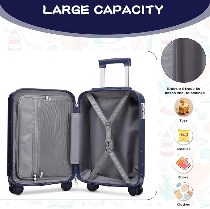 Somago 4 Piece Kid's Luggage with Backpack Set for Boys Girls Spinner 18" Hardside PC Rolling Carry on Suitcase with TSA Lock (Cherry Navy)