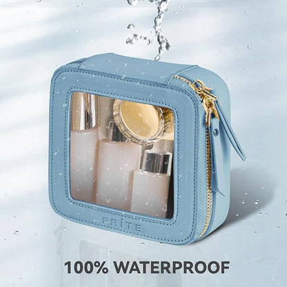 Prite Small Makeup Bag for Women Portable Clear Makeup Bag Cute Mini Waterproof Travel Cosmetic Bag with Gold Zipper for Car Essentials(Blue)