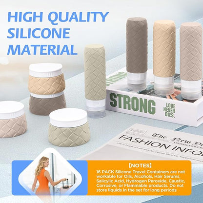 16 Pack Travel Bottles for Toiletries, TSA Approved Travel Size Toiletries Containers Set, BPA-Free Silicone Leak Proof Refillable Bottles Stackable Creams Jars Accessories Kit W/Clear Bag(Cream)
