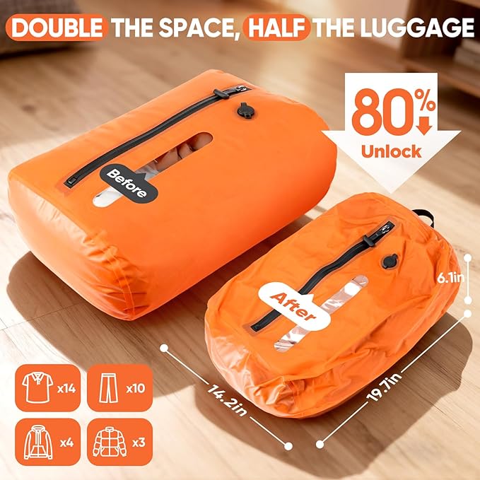 Vacuum Bags for Travel with Pump, Vacuum Packing Cubes for Travelers, Vacuum Seal Bags for Clothing, Reusable IP68 Waterproof Airless Travel Bags for Luggage, Backpack & Suitcase (Orange 2PC + Pump)