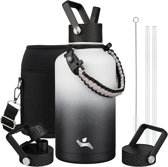Half Gallon Insulated Water Bottle with Straw,64 oz 3 Lids Water Jug with Carrying Bag,Paracord Handle,Double Wall Vacuum Stainless Steel Metal Flask,Day Night