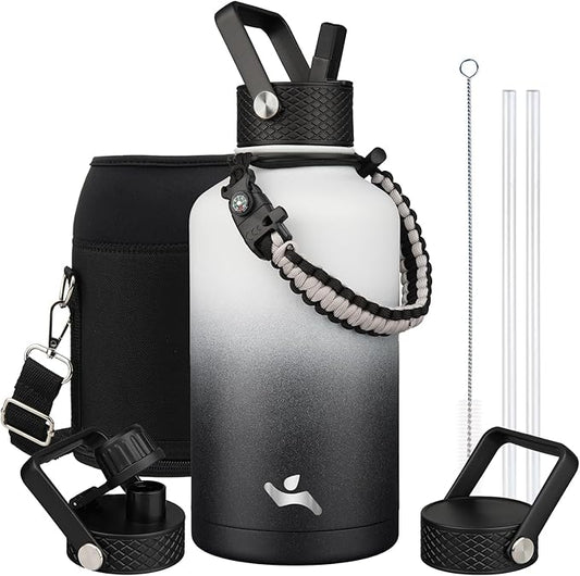 Half Gallon Insulated Water Bottle with Straw,64 oz 3 Lids Water Jug with Carrying Bag,Paracord Handle,Double Wall Vacuum Stainless Steel Metal Flask,Day Night