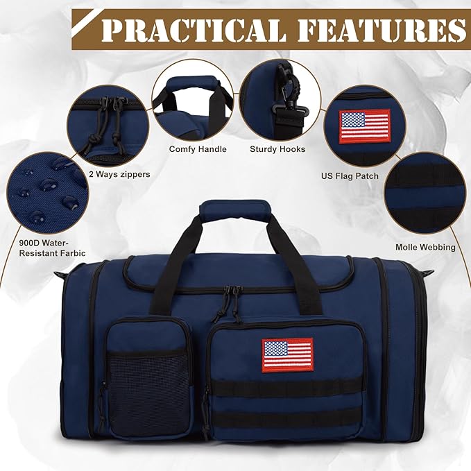 Tactical Duffle Bag For Travel Expandable 52L Large Duffle Bag For Men Gym Duffel With Wet Pocket Multi-Functional Carry On Bags Weekender Overnight Bag Organizer Duffel Bag For Travel