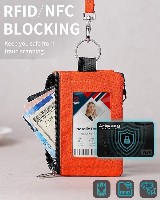 Minimalist Wallet For Mens Womens, Keychain RFID Blocking Zipper Small Wallet with ID Window 2 Lanyards,Water Resistant Travel Cash Card Coin Case Boys Girls