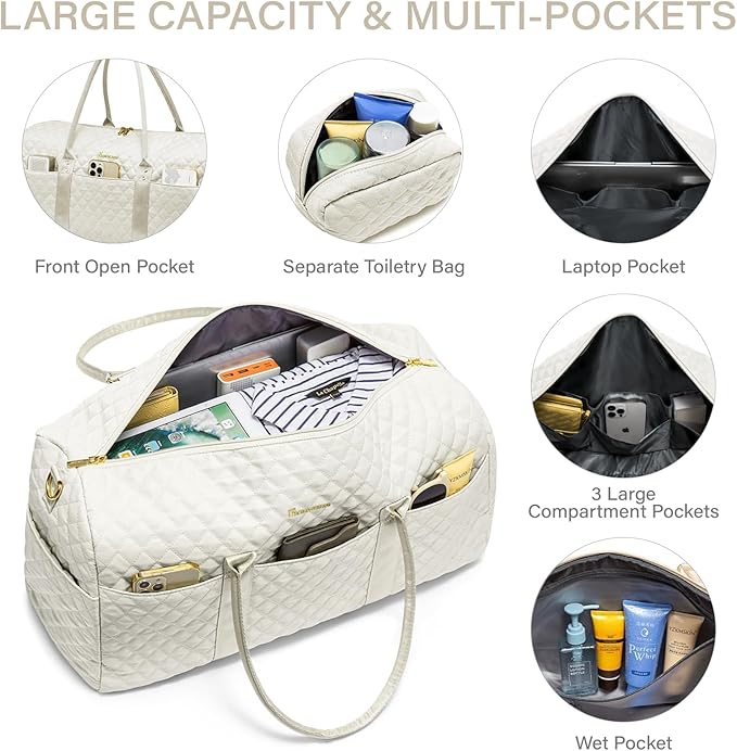 Duffle Bag for Travel,Personal Item Travel Bag with Toiletries Bags,Gym Bags for Men and Women with Wet Pocket & Shoes Compartment(White)