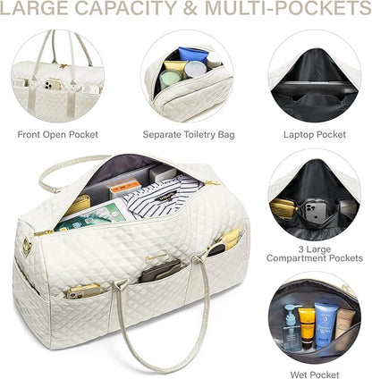 Duffle Bag for Travel,Personal Item Travel Bag with Toiletries Bags,Gym Bags for Men and Women with Wet Pocket & Shoes Compartment(White)