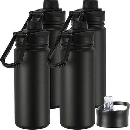 16 oz Insulated Water Bottle with Straw Lids, Stainless Steel Kids Water Bottles for School, Double Wall Vacuum Metal Water Bottle with Straw & Wide Mouth Lid, Black 4 Pack