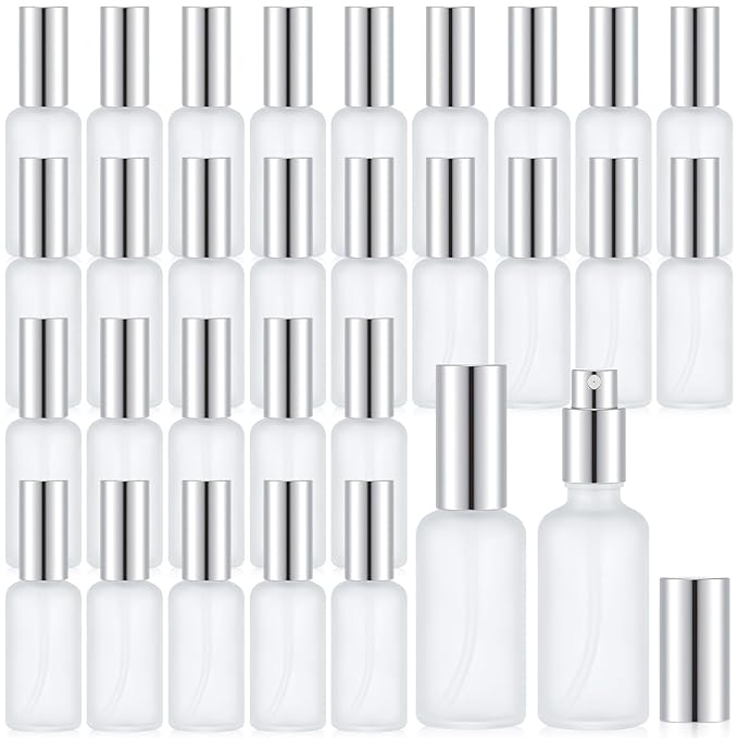 Roshtia 30 Pcs 1.69 oz/ 50 ml Silver Glass Spray Bottle Refillable Perfume Atomizer Clear Decorative Empty Bottles with Fine Mist Sprayer Pump for Face Body Travel