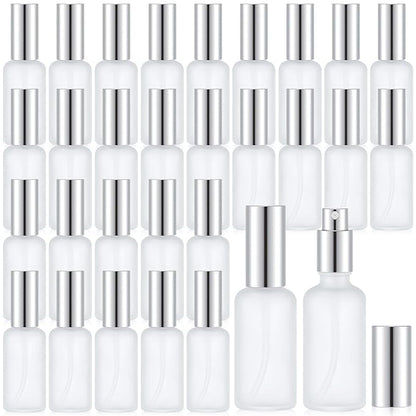 Roshtia 30 Pcs 1.69 oz/ 50 ml Silver Glass Spray Bottle Refillable Perfume Atomizer Clear Decorative Empty Bottles with Fine Mist Sprayer Pump for Face Body Travel