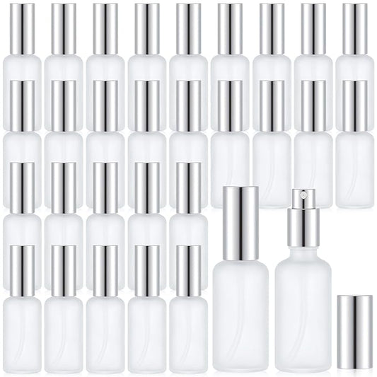 Roshtia 30 Pcs 1.69 oz/ 50 ml Silver Glass Spray Bottle Refillable Perfume Atomizer Clear Decorative Empty Bottles with Fine Mist Sprayer Pump for Face Body Travel